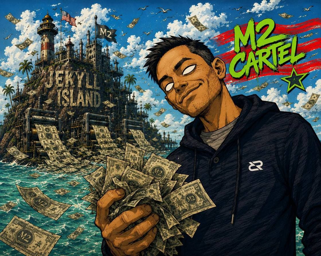 M2 Cartel — the owner holding a fist of M2 cash in front of Jekyll Island and a money-printing lighthouse, with an M2 CARTEL graffiti tag in the sky.